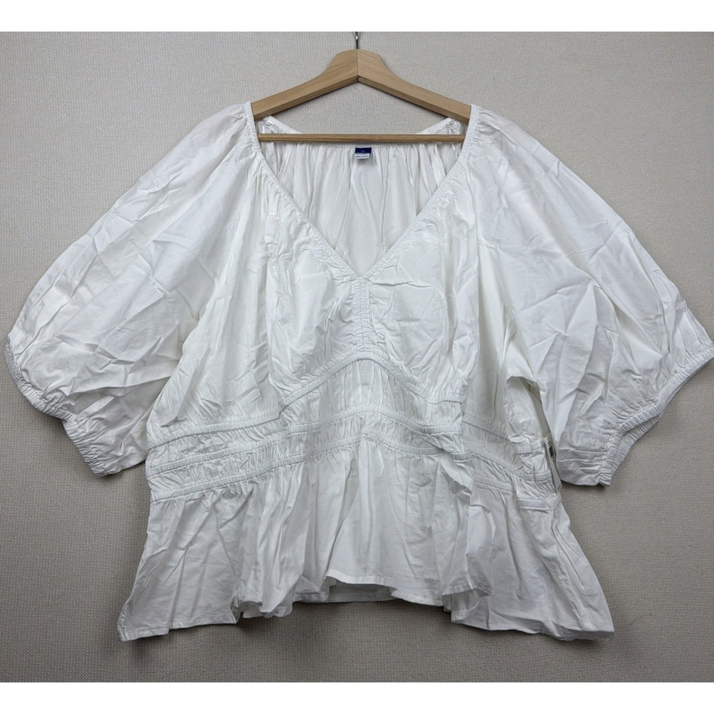 Old Navy Womens Smocked White Peplum Puff Sleeve V-Neck Blouse 3X Cotton Top NWT